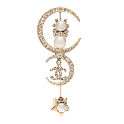 Chanel Pearl Crystal CC Drop Cat Moon Brooch Gold 1 of 4