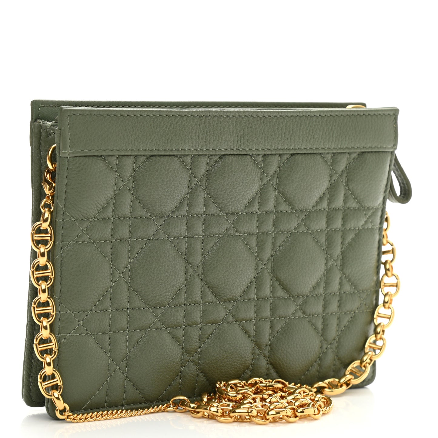 Calfskin Cannage Caro Zipped Pouch With Chain Cedar Green
