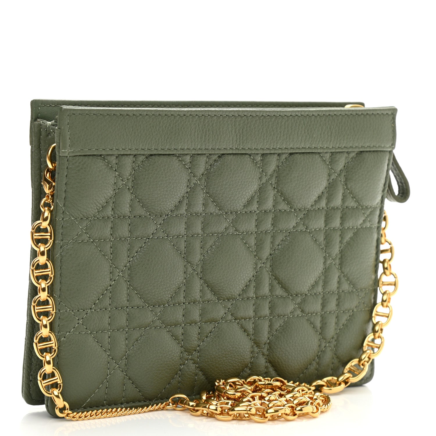 Christian Dior Calfskin Cannage Caro Zipped Pouch With Chain Cedar Green 3 of 10