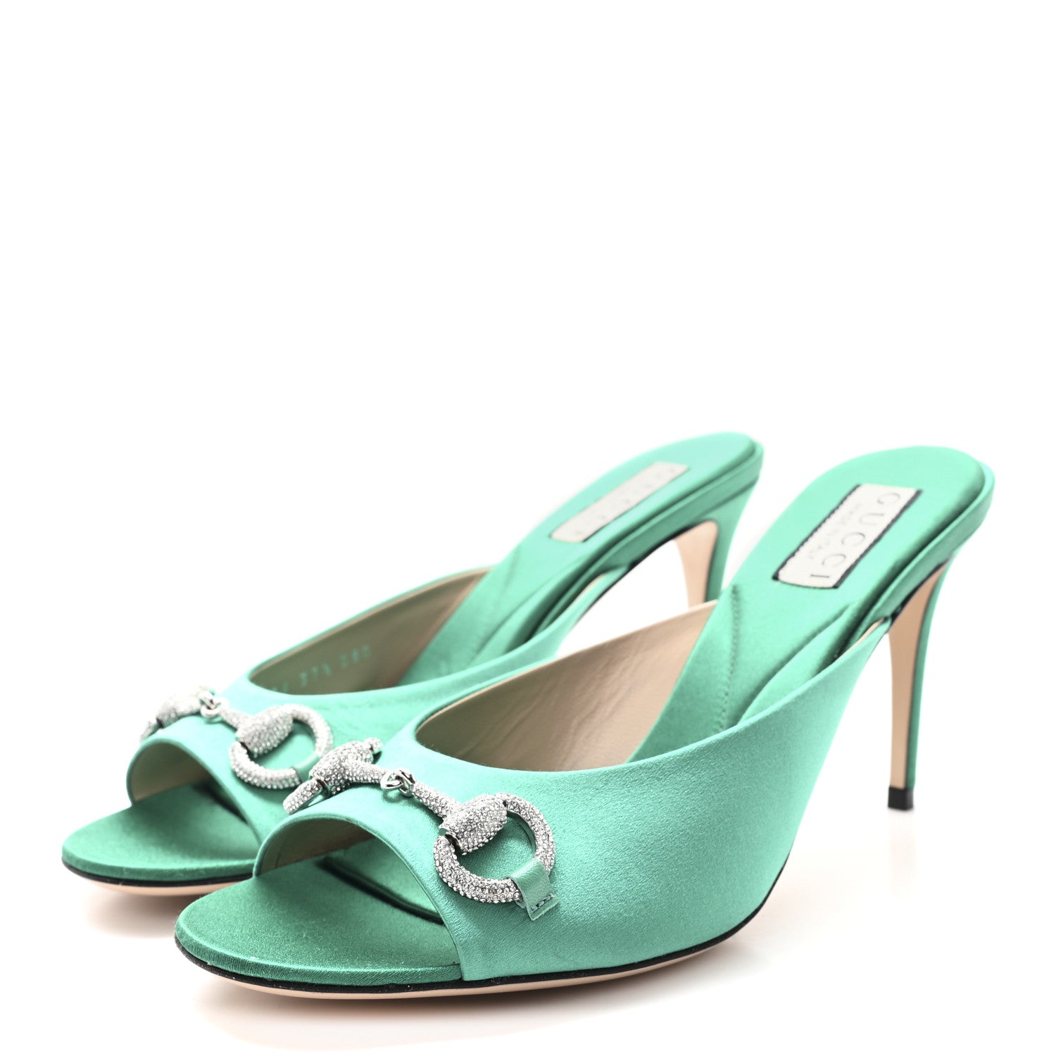 Gucci Raso Seta Malaga Kid Crystal Horsebit Sandals 37.5 Jade Caribbean Green 4 of 10