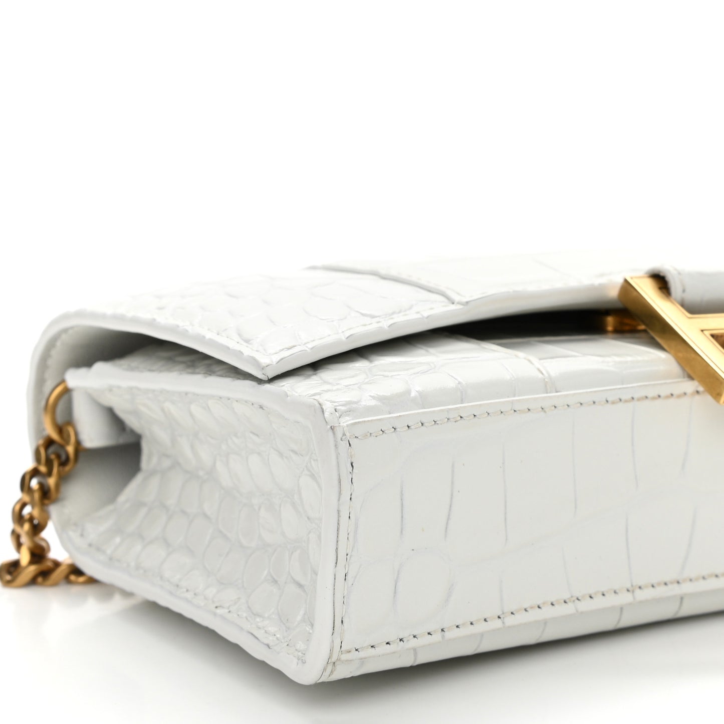 Shiny Calfskin Crocodile Embossed Hourglass Chain Bag White