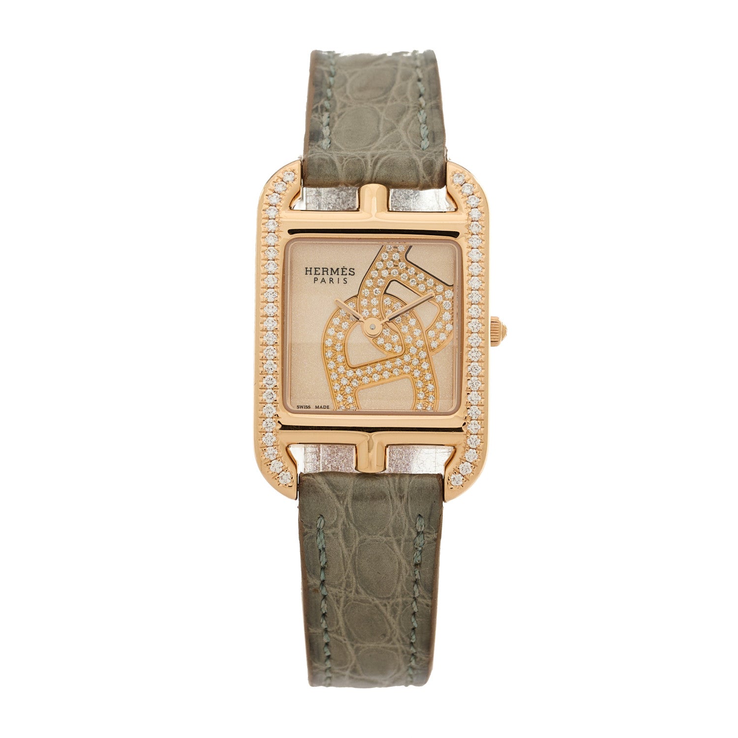 Hermes 18K Rose Gold Alligator Diamond Bezel 23mm Cape Cod Chaine d'Ancre Joaillier Quartz Watch Gris Perle 1 of 5