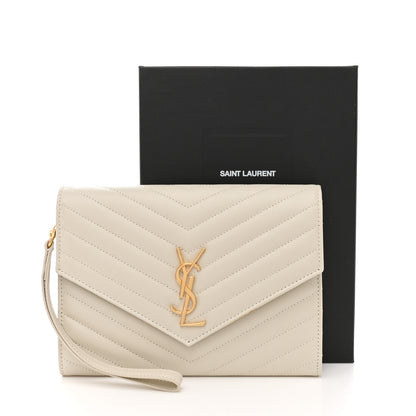 Saint Laurent Grain De Poudre Matelasse Chevron Monogram Envelope Clutch Crema Soft 12 of 12
