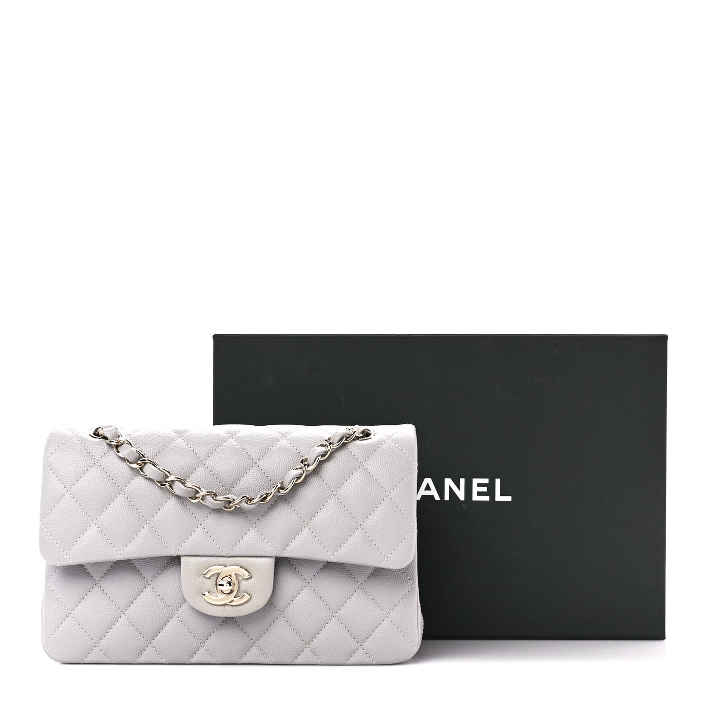 Caviar Quilted Small Double Flap Grey