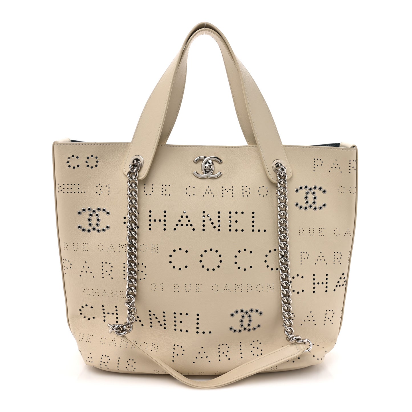 Calfskin Tweed Small Logo Eyelets Shopping Tote Beige