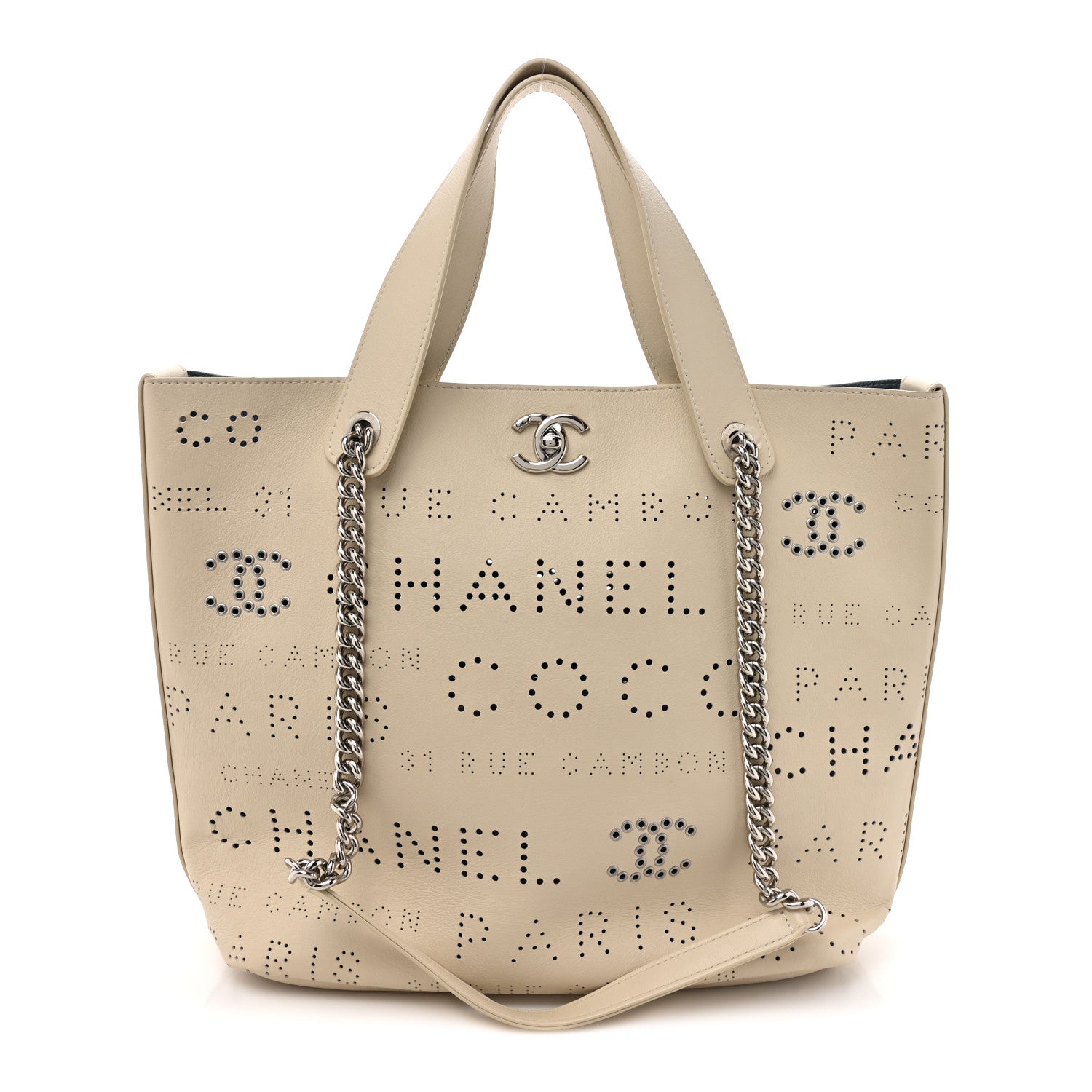 Chanel Calfskin Tweed Small Logo Eyelets Shopping Tote Beige 1 of 11