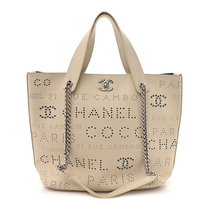 Chanel Calfskin Tweed Small Logo Eyelets Shopping Tote Beige 1 of 11