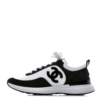 Chanel Nylon Calfskin Suede Womens CC Sneakers 39 White Black 1 of 8