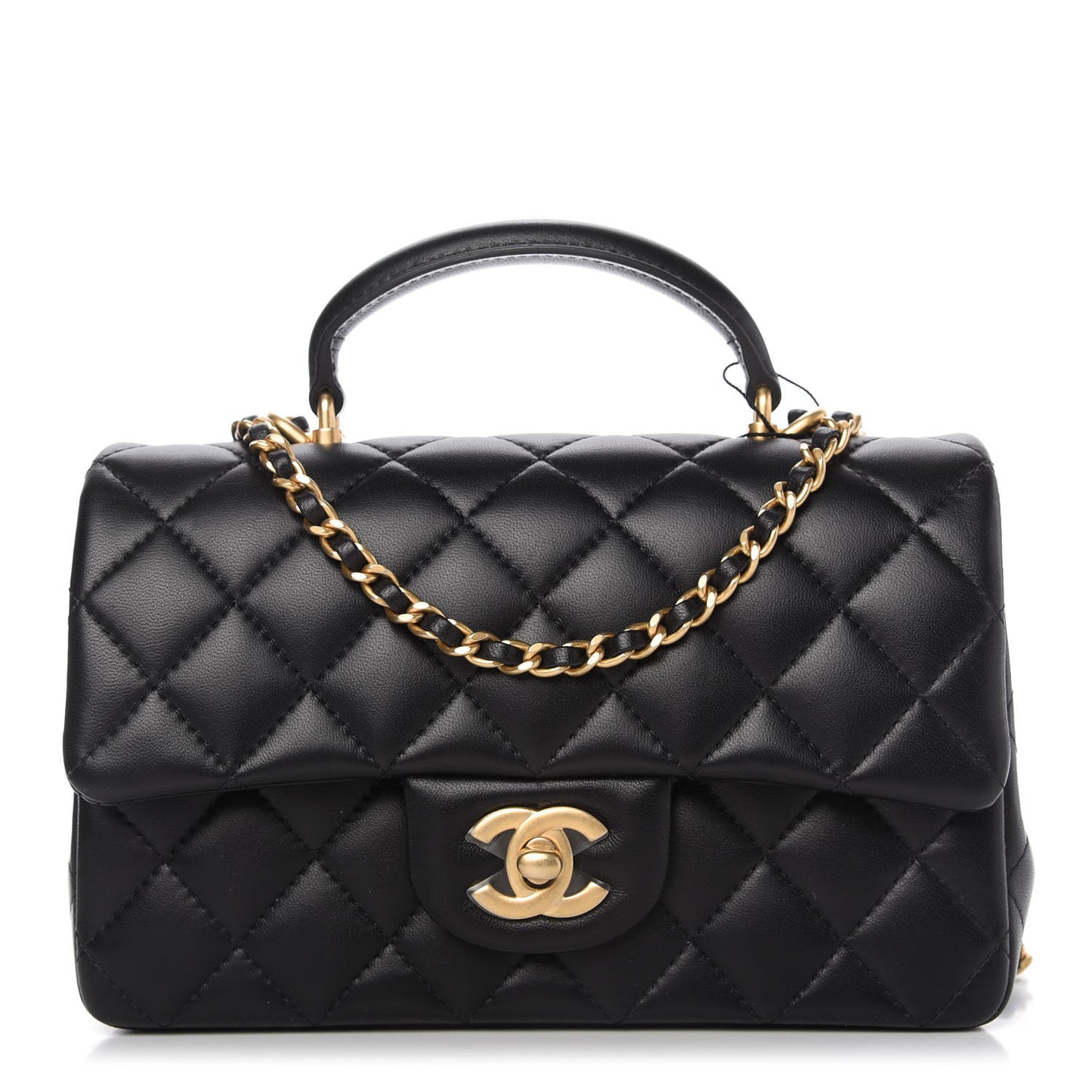 Lambskin Quilted Mini Top Handle Rectangular Flap Black