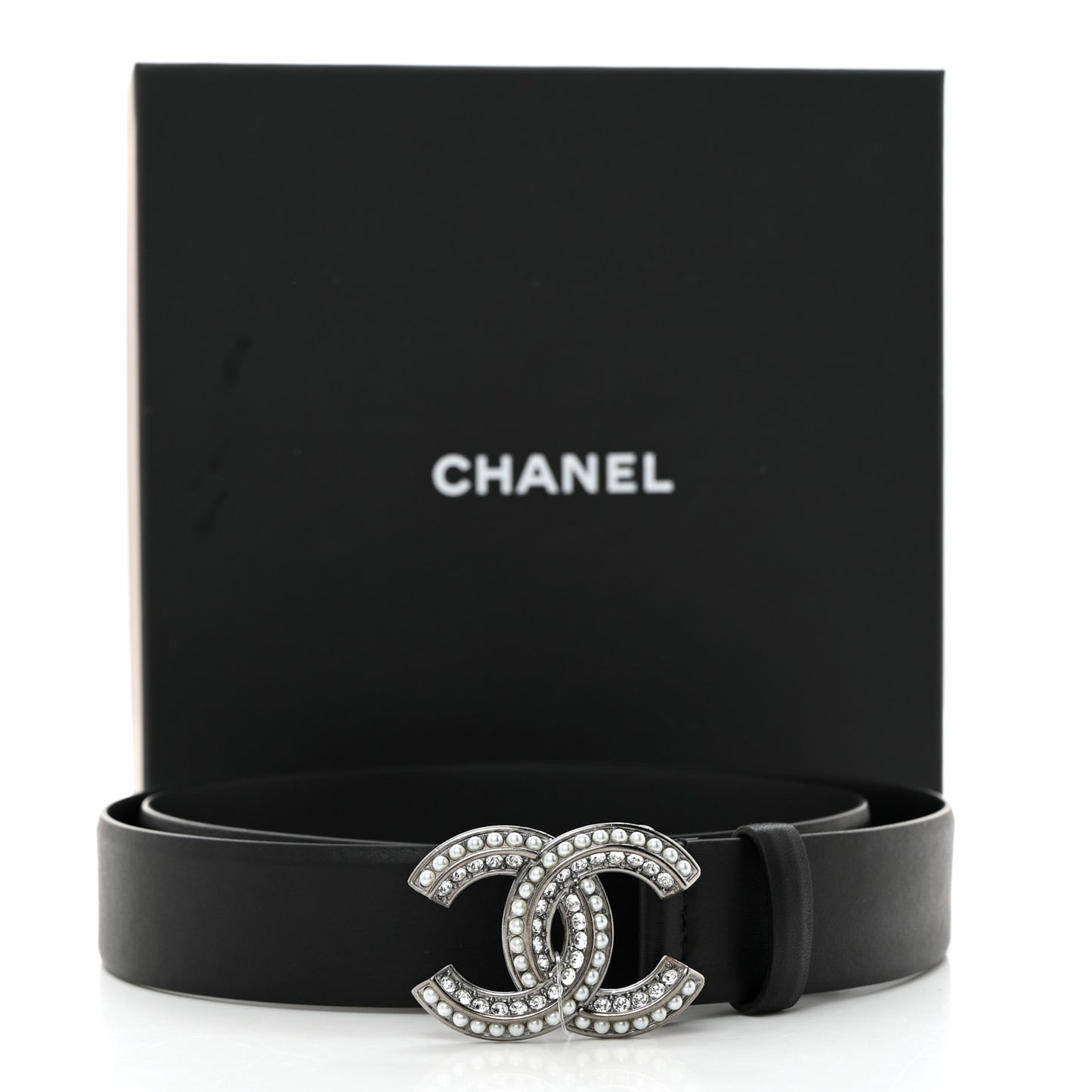 Calfskin Pearl Crystal CC Belt 85 34 Black