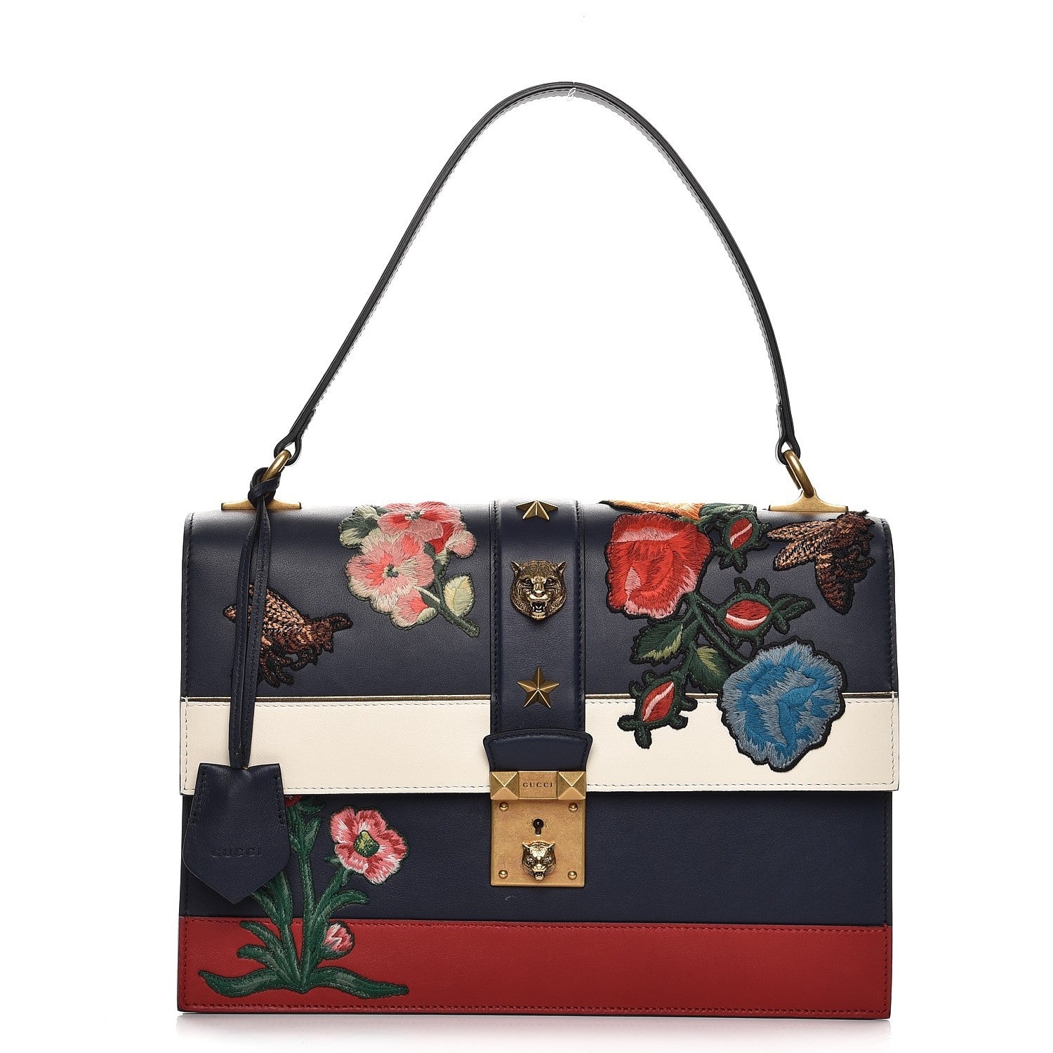 Gucci Calfskin Embroidered Riche Stripe Shoulder Bag Blue Red 1 of 10
