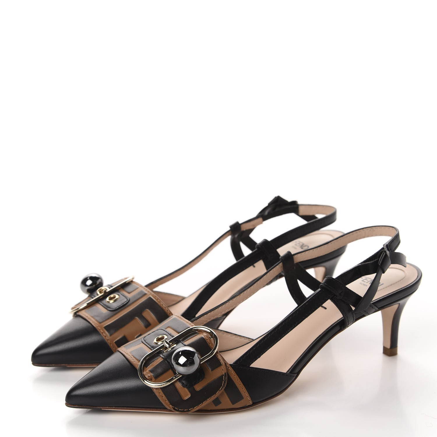 Fendi Vitello FF Embossed Pearland Decollete Aperta Slingback Pumps 36 Black Tobacco Moro 3 of 9