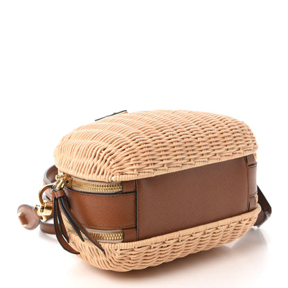 Prada Wicker Saffiano Midolino Odette Top Handle Bag Beige Cognac 4 of 9
