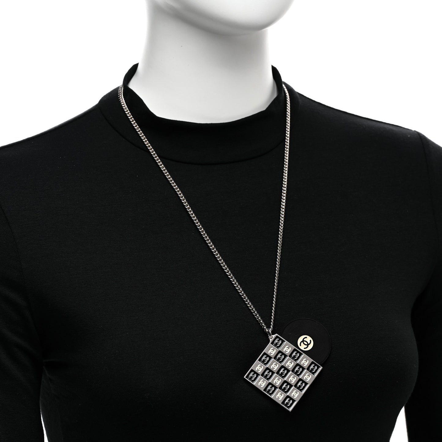 Metal Resin CC Vinyl Record Player Necklace Black White