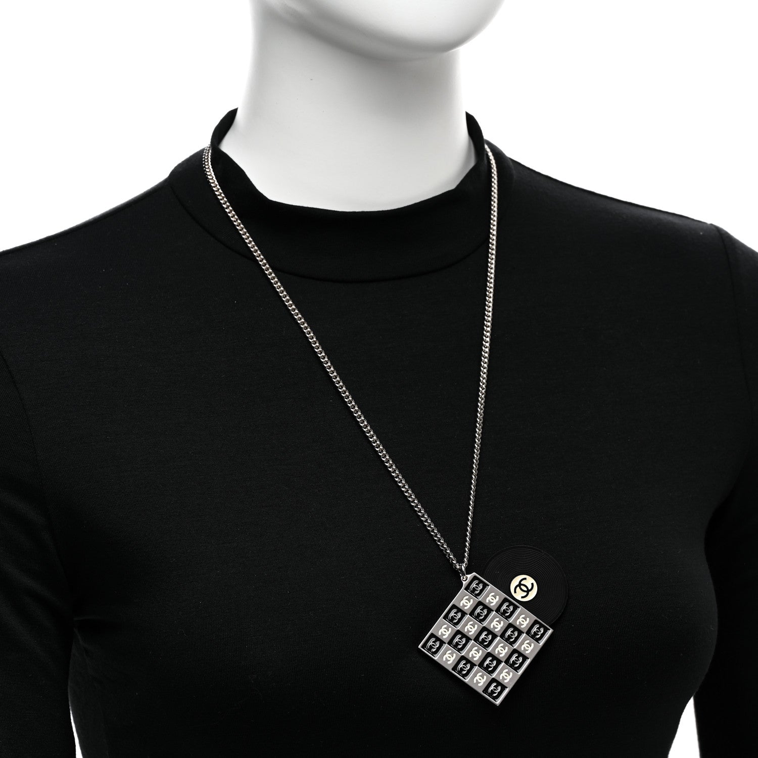 Chanel Metal Resin CC Vinyl Record Player Necklace Black White 2 of 6