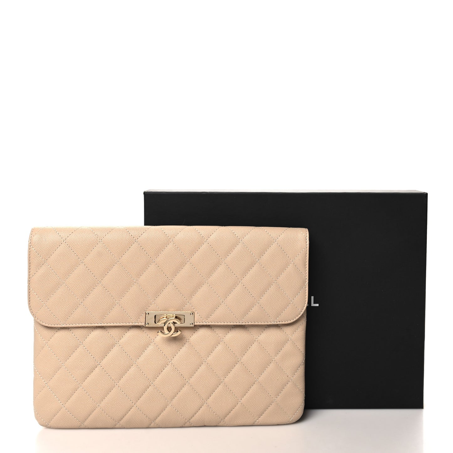 Caviar Quilted Medium Golden Class Pouch Beige