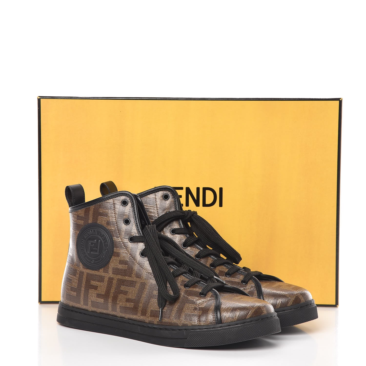 Fendi Glazed Fabric FF 1974 Stamp Patch High Top Sneakers 38.5 Mogano Panna Black 12 of 12