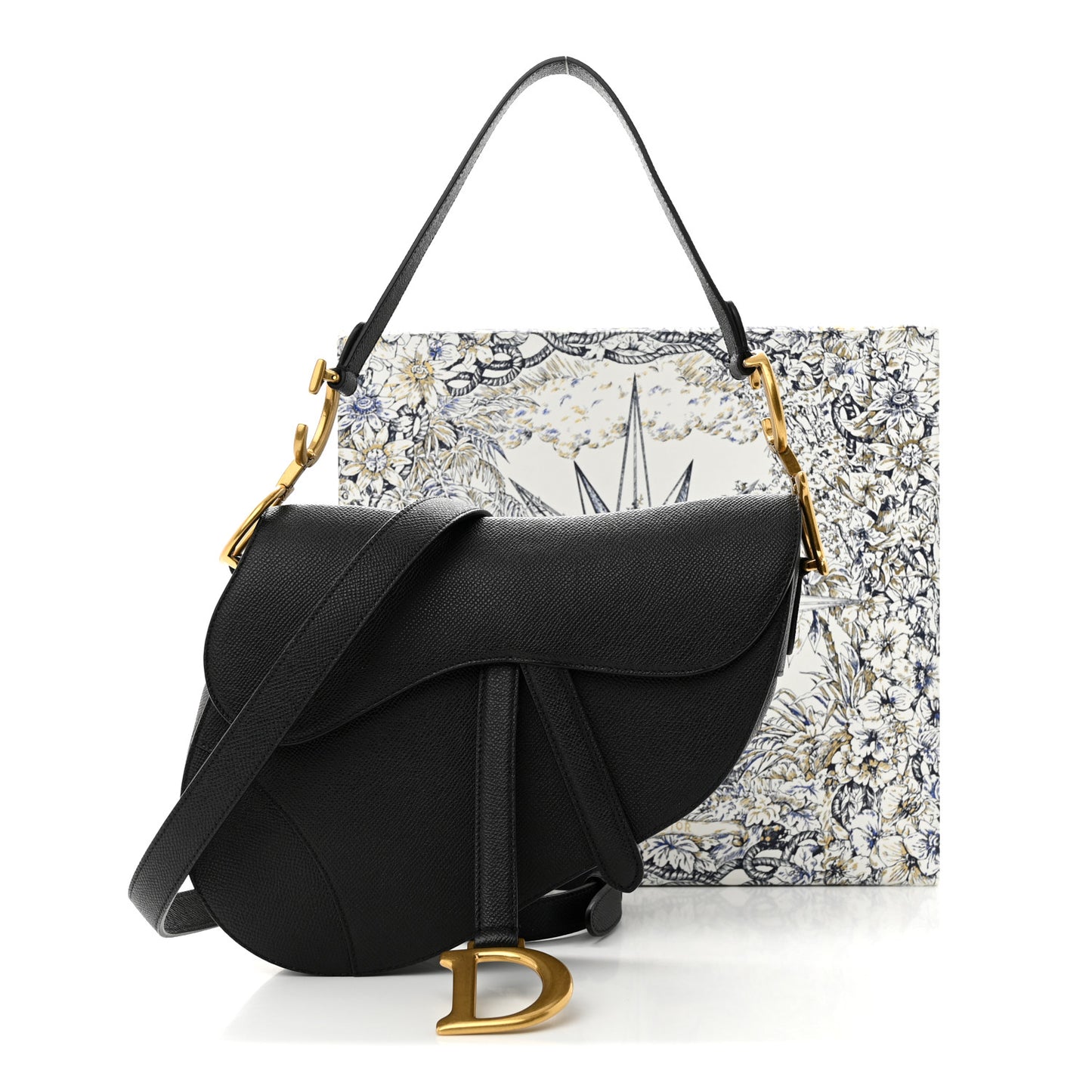 Grained Calfskin Saddle Bag With Strap Black