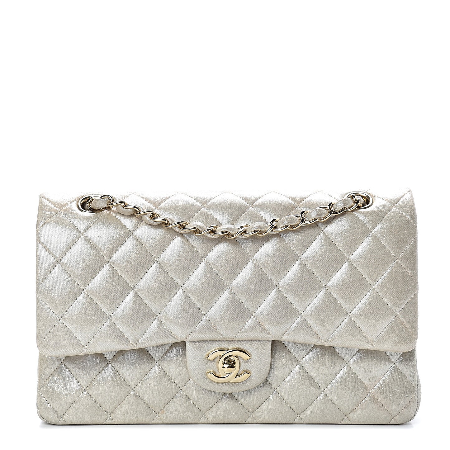 Iridescent Calfskin Quilted Medium Double Flap Light Gold