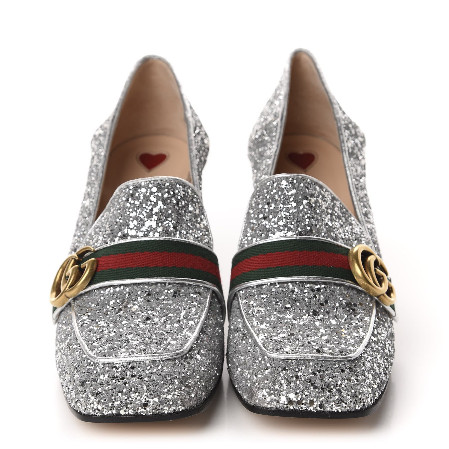 Gucci Glitter Nappa Web Peyton 75mm Loafer Pumps 41.5 Argento 2 of 10