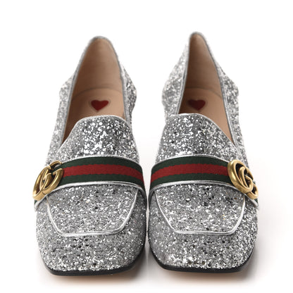 Gucci Glitter Nappa Web Peyton 75mm Loafer Pumps 41.5 Argento 2 of 10