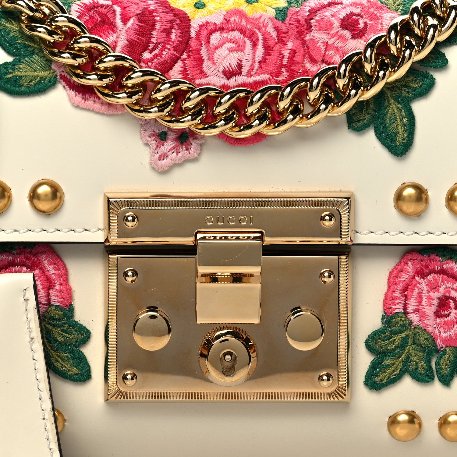 Gucci Calfskin Floral Embroidered Small Padlock Shoulder Bag White 9 of 12