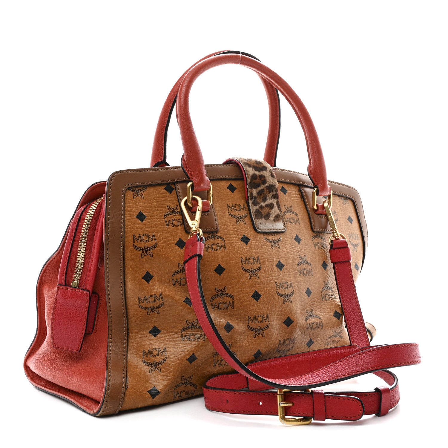 MCM Visetos Calfskin Calf Hair Leopard Print Little Veronica Tote