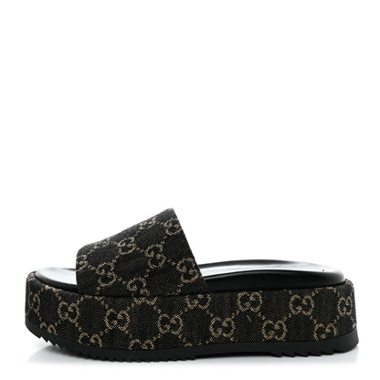 Gucci Jacquard Black Denim GG Monogram Angelina Platform 55mm Slide Sandals 36.5 Black Ivory 1 of 9