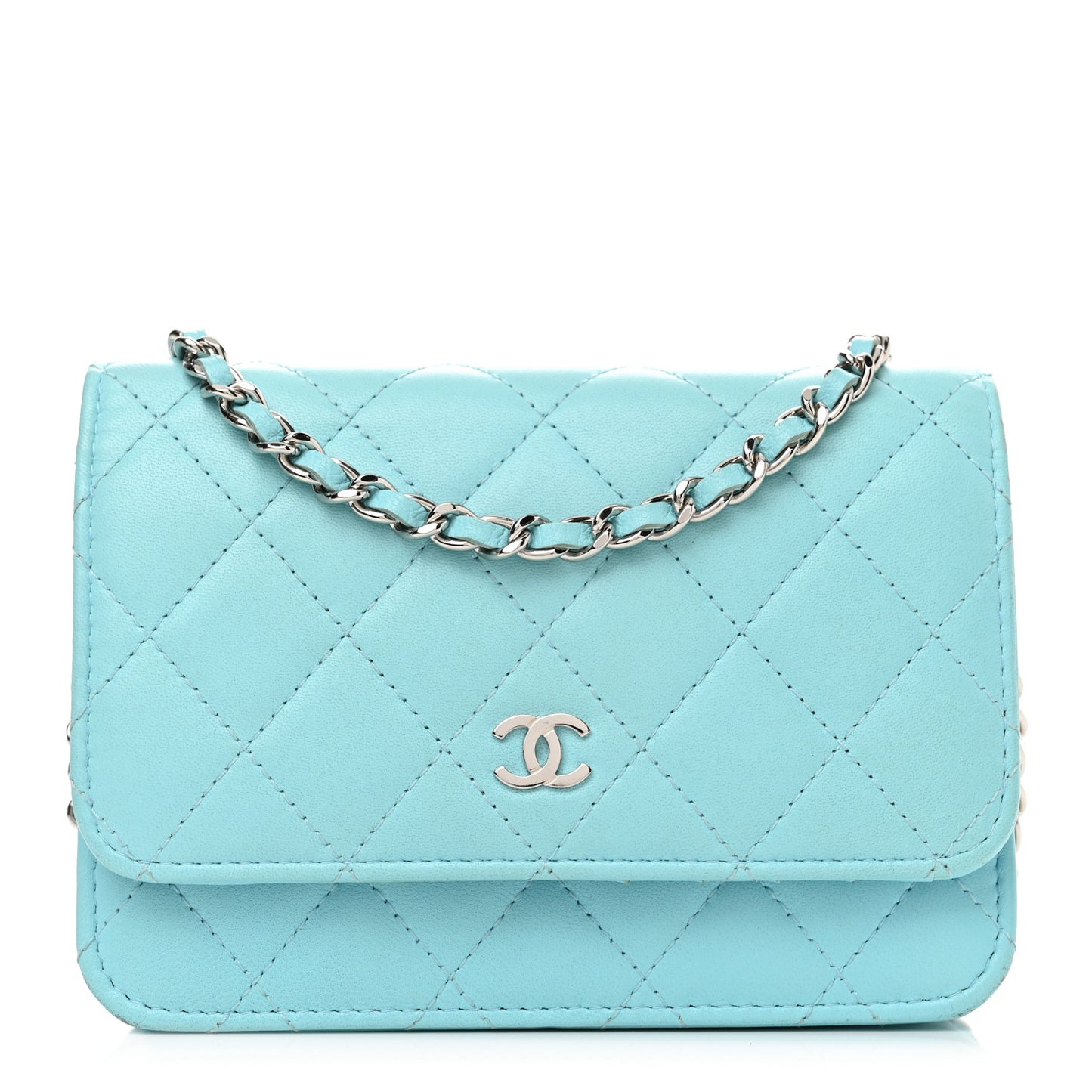 Lambskin Quilted Mini Wallet On Chain WOC Neon Blue