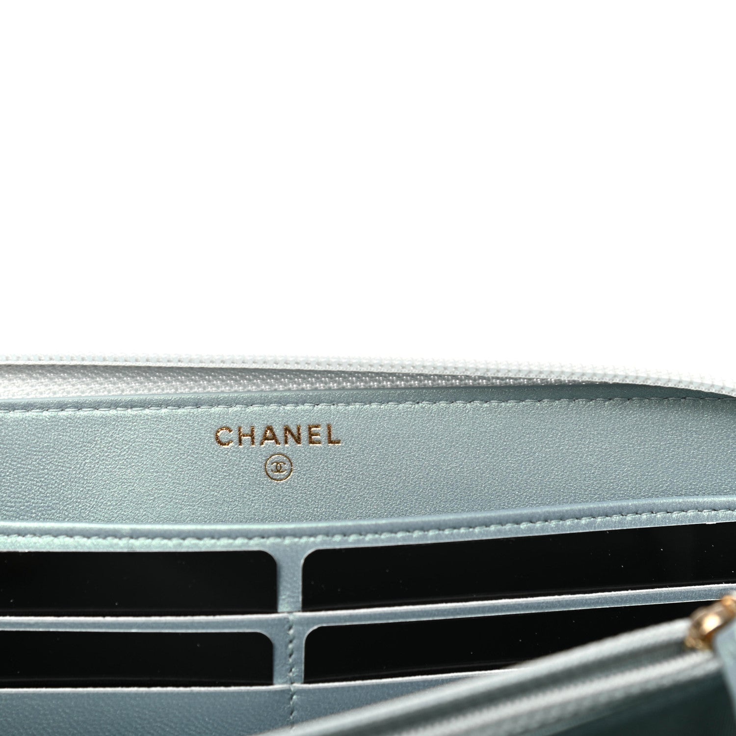Chanel Metallic Patent Calfskin Quilted Boy L-Gusset Zip Wallet Light Blue 6 of 7