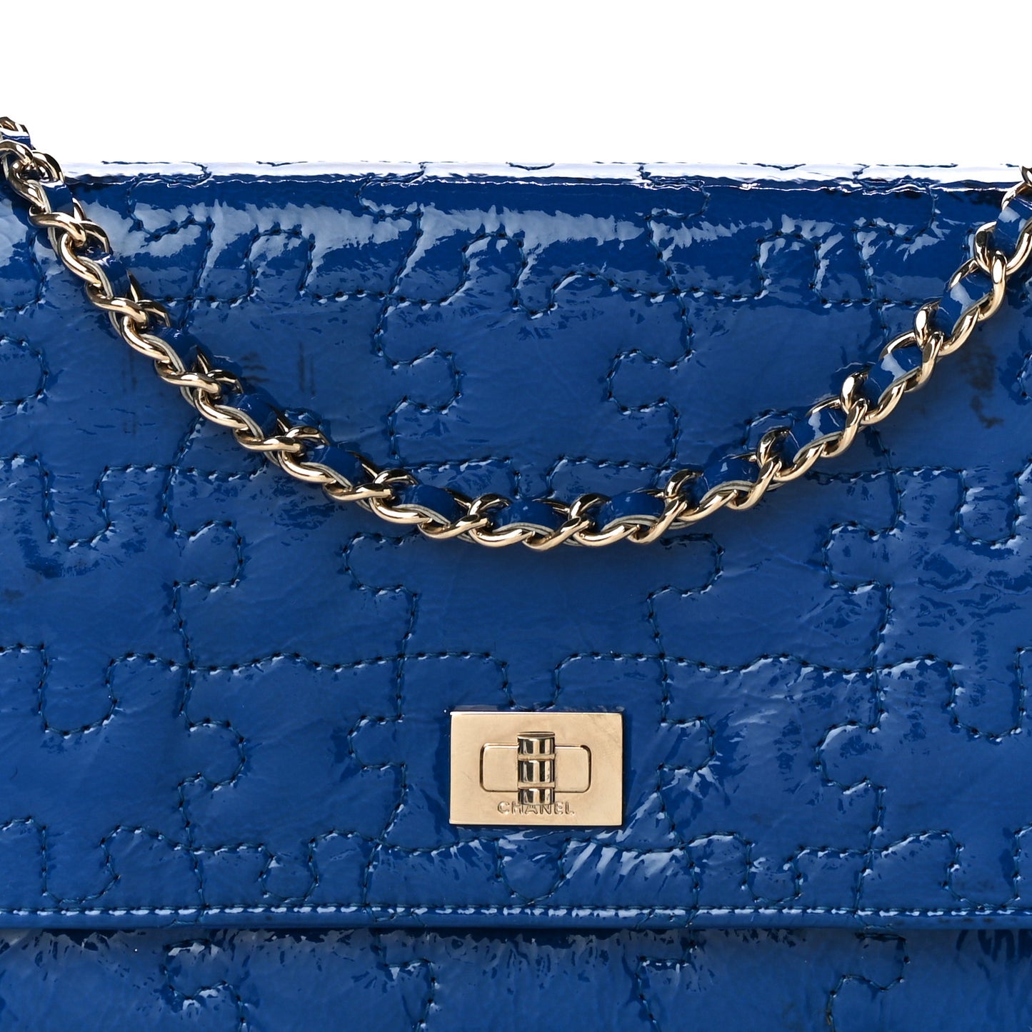 Crackled Patent Calfskin Puzzle Reissue Wallet On Chain WOC Blue