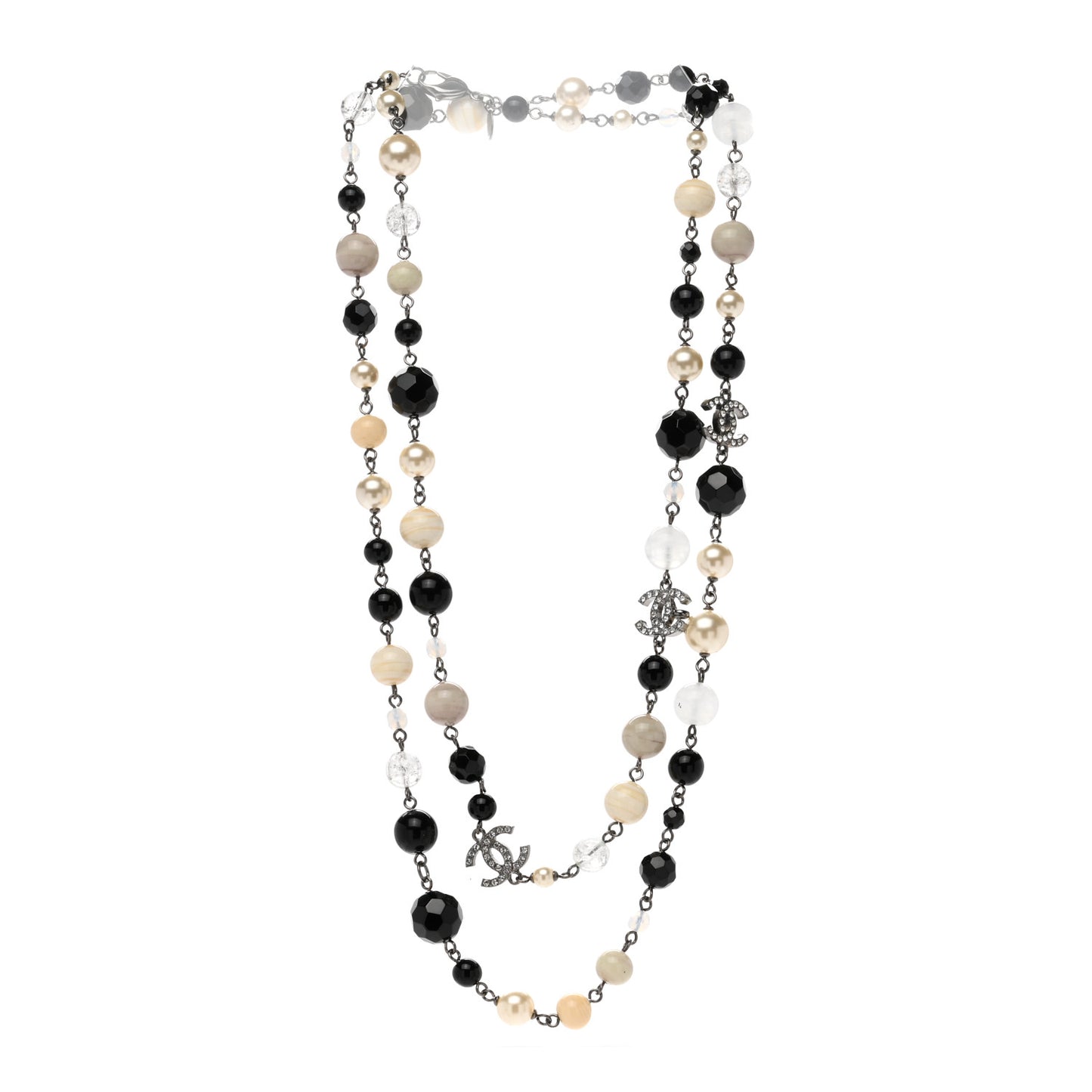 Pearl Crystal Bead CC Long Necklace Black Silver