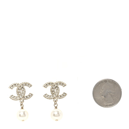 Chanel Crystal Timeless CC Pearl Drop Earrings Light Gold 2 of 5