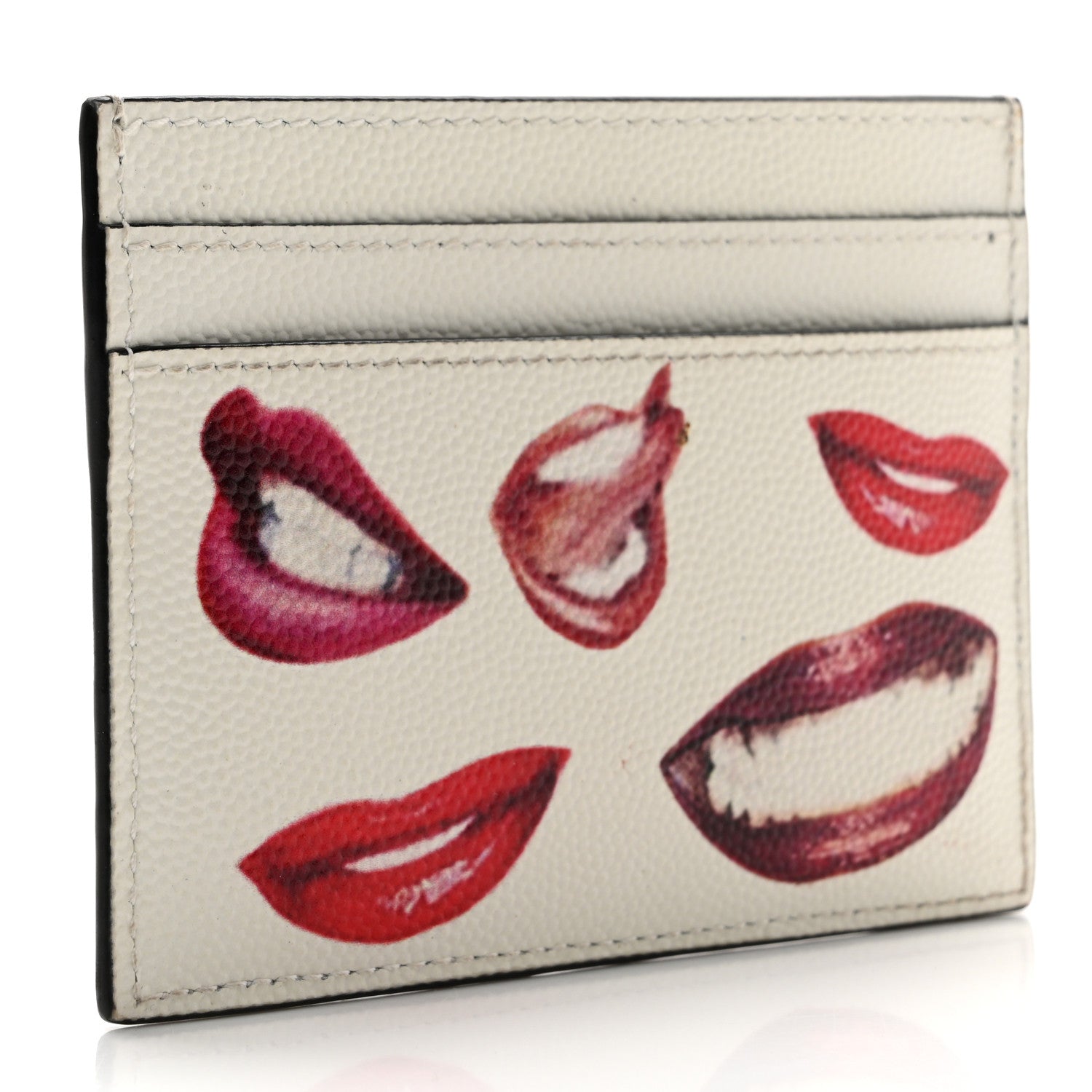 Saint Laurent Grain De Poudre Lips Print Monogram Card Holder White Red 3 of 8