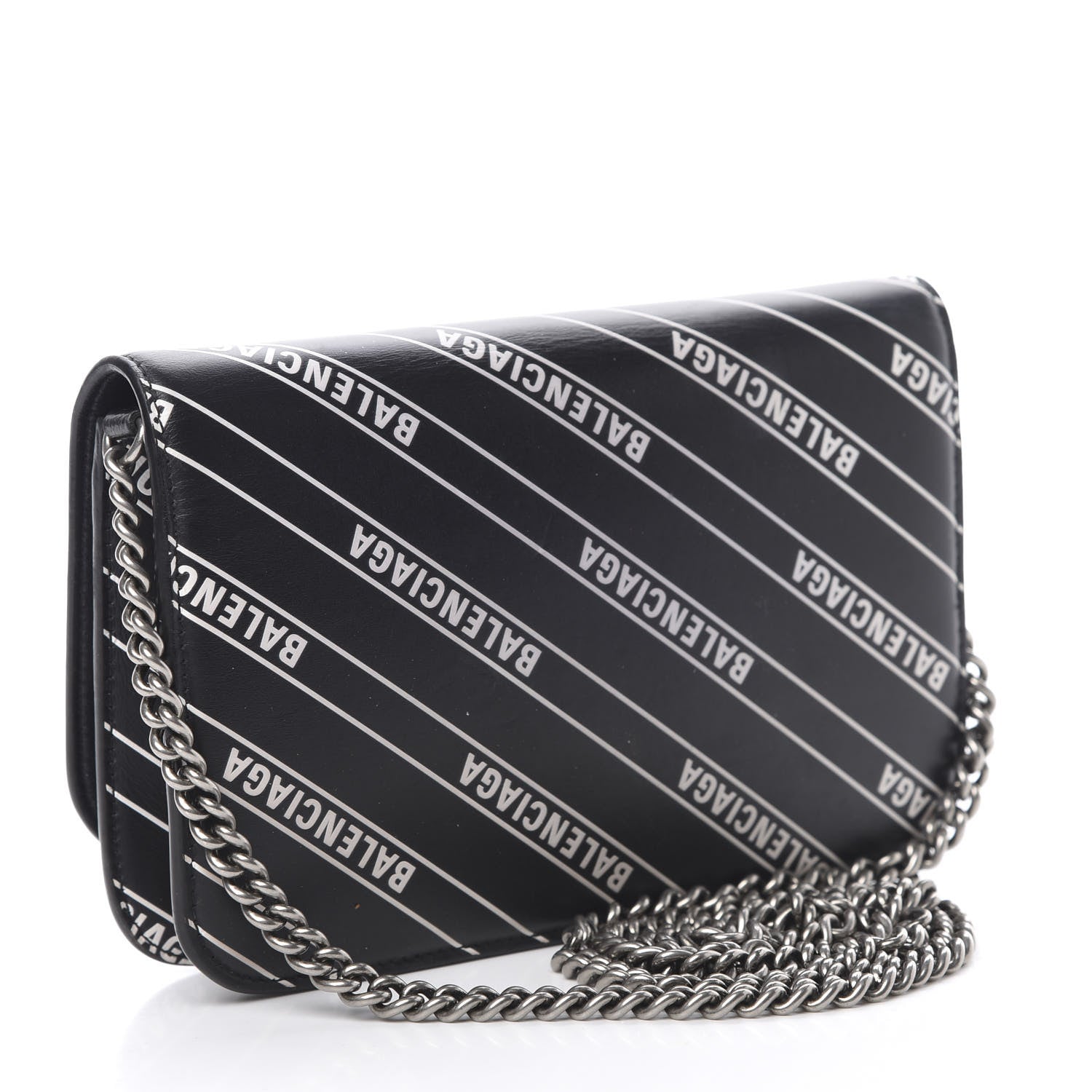 Balenciaga Matte Calfskin Diagonal Allover Logo Print B Wallet on Chain Black White 3 of 12