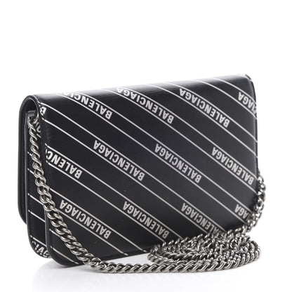 Balenciaga Matte Calfskin Diagonal Allover Logo Print B Wallet on Chain Black White 3 of 12