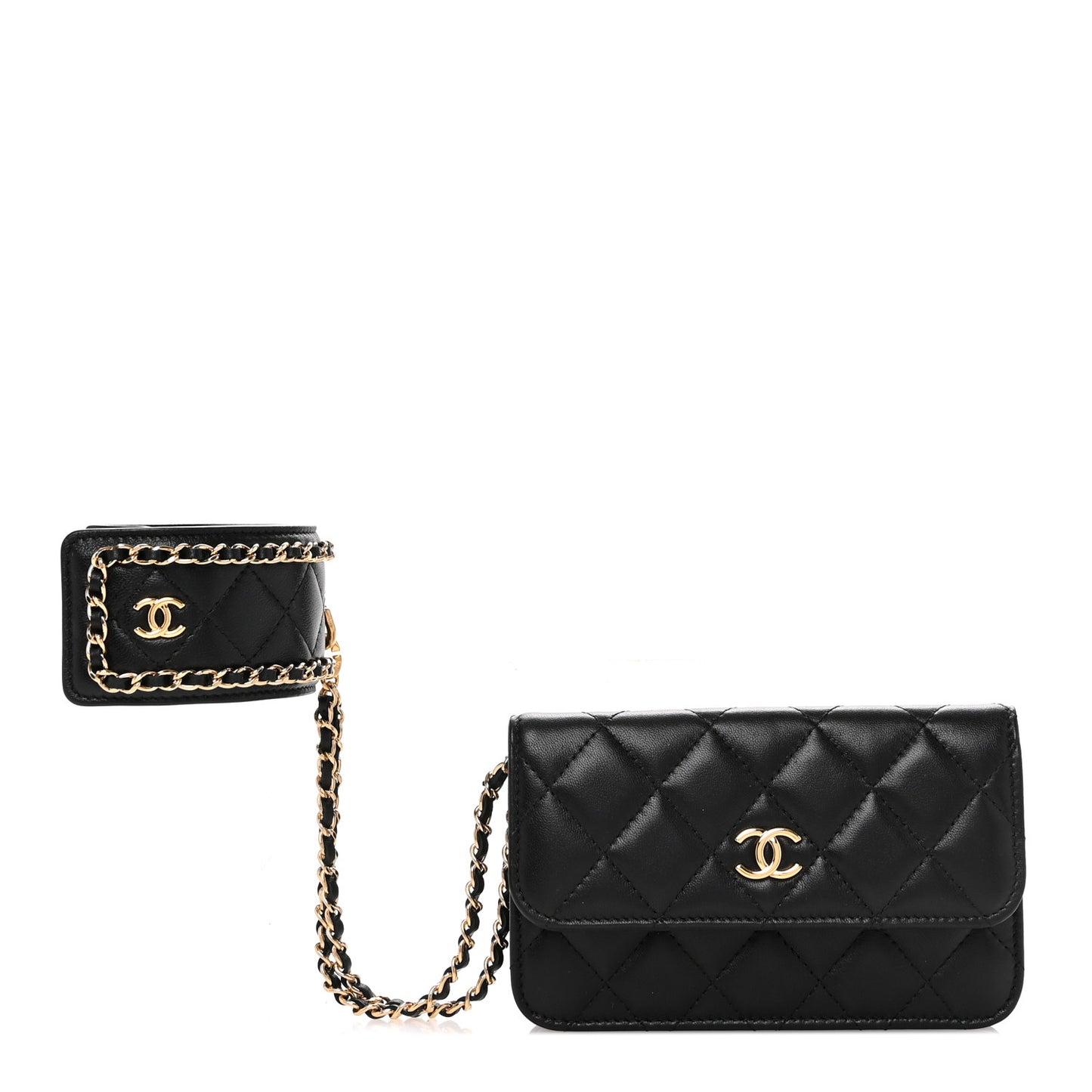 Lambskin Quilted Flap Card Holder With Cuff L Black
