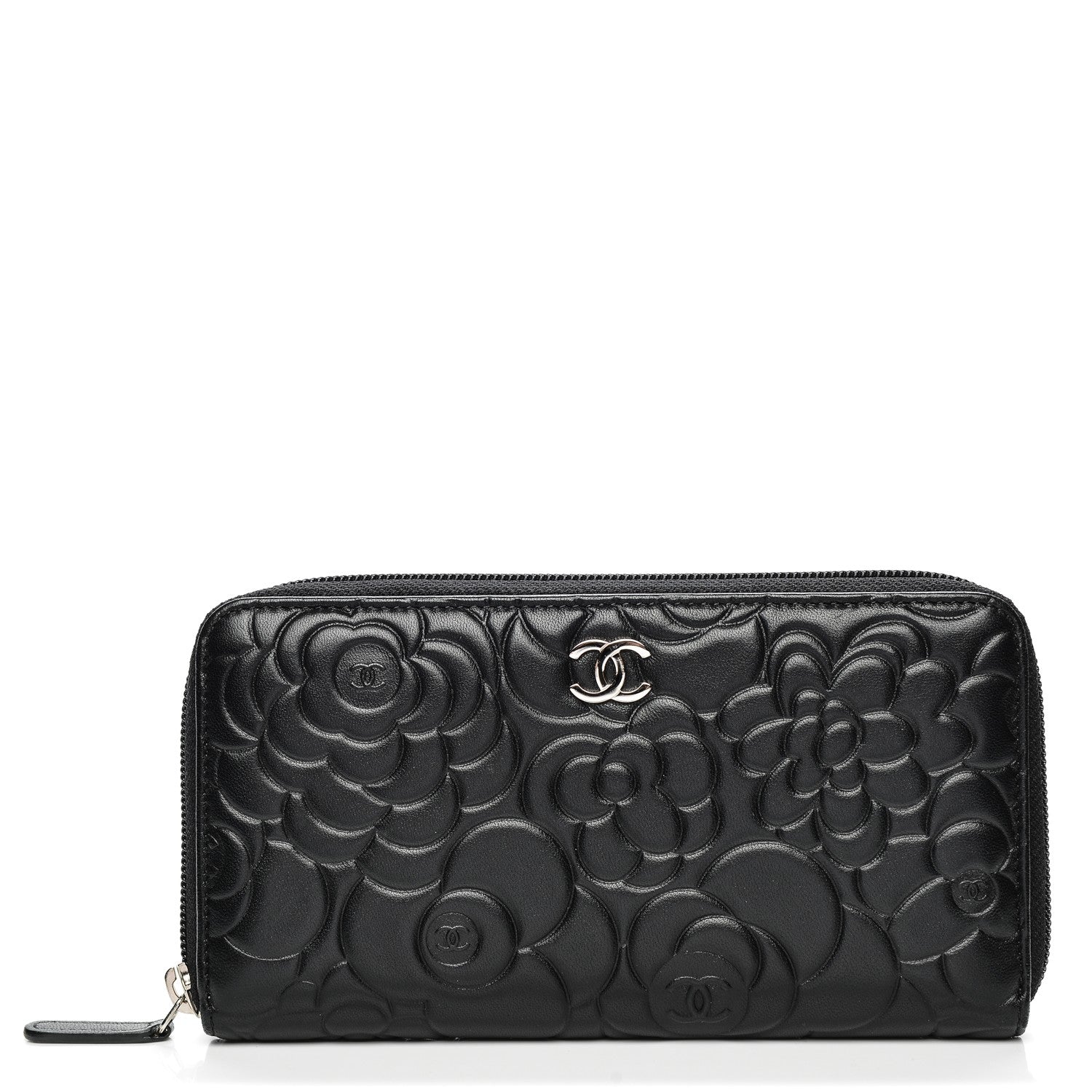 Chanel Lambskin Camellia Embossed Large Zip Around Gusset Wallet Black 1 of 8