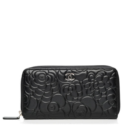 Chanel Lambskin Camellia Embossed Large Zip Around Gusset Wallet Black 1 of 8