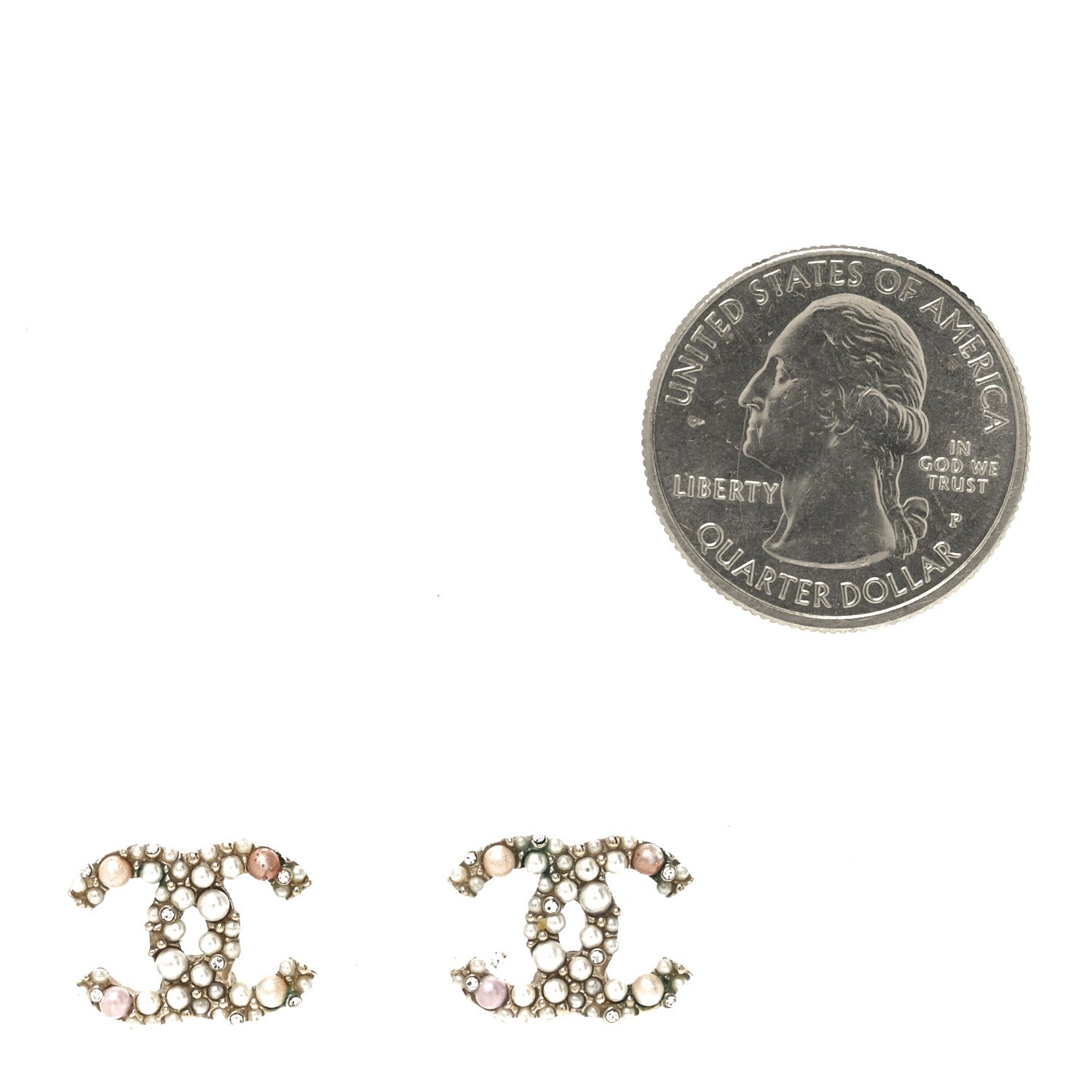 Chanel Pearl Crystal CC Charms Stud Earrings Light Gold Pink 2 of 5