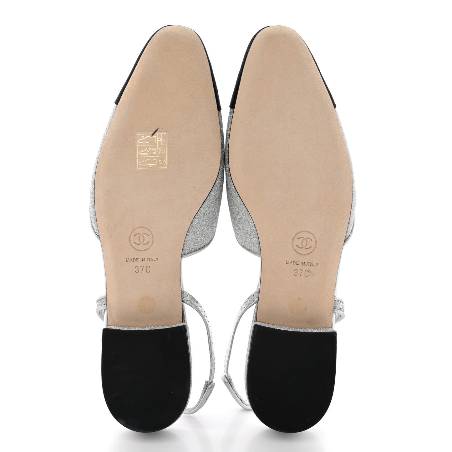 Glitter Calfskin Grosgrain CC Slingback Flats 37 Black Silver