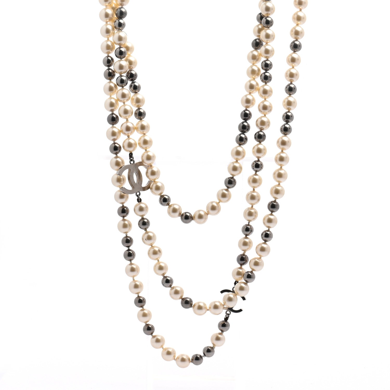 Chanel Pearl CC Long Necklace Silver Pearly White Grey 1 of 5