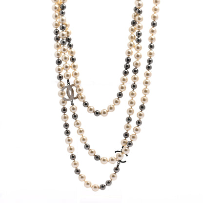 Chanel Pearl CC Long Necklace Silver Pearly White Grey 1 of 5