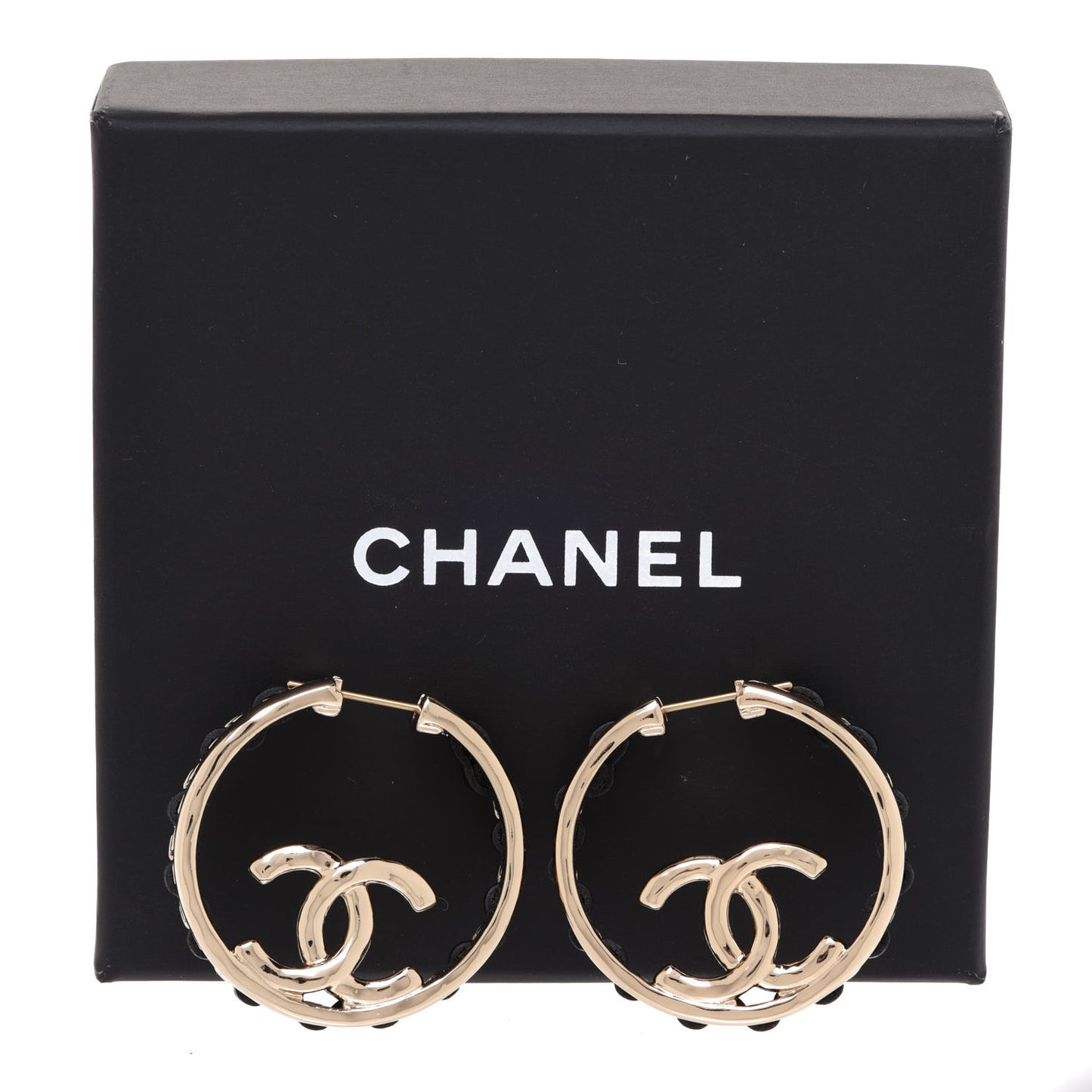 Lambskin CC Chain Hoop Earrings Black Gold