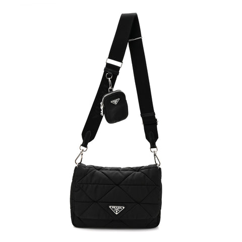 Re-Nylon Quilted Padded Flap Shoulder Bag Black