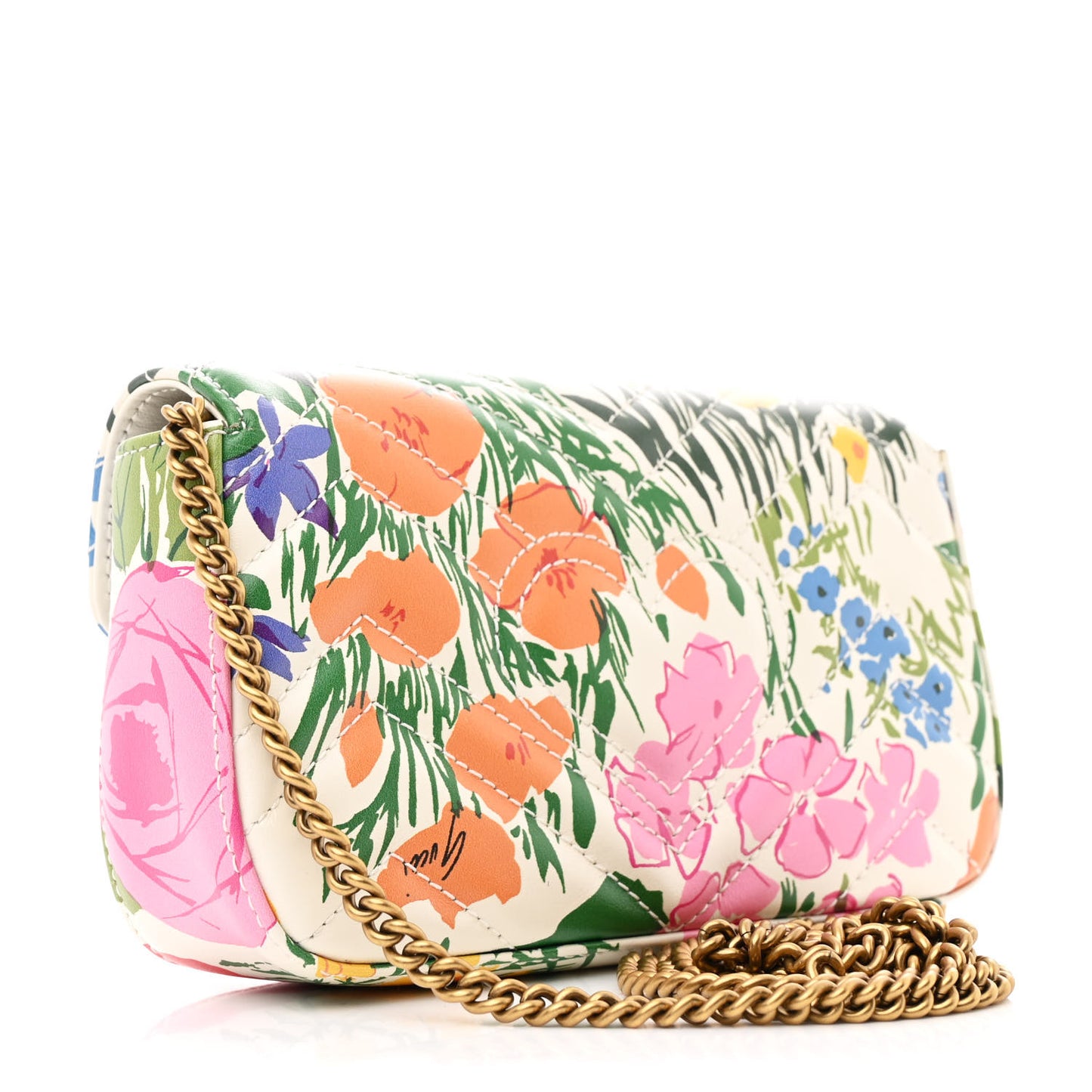 X KEN SCOTT Calfskin Matelasse Floral Print Super Mini GG Marmont Shoulder Bag Ivory Pink