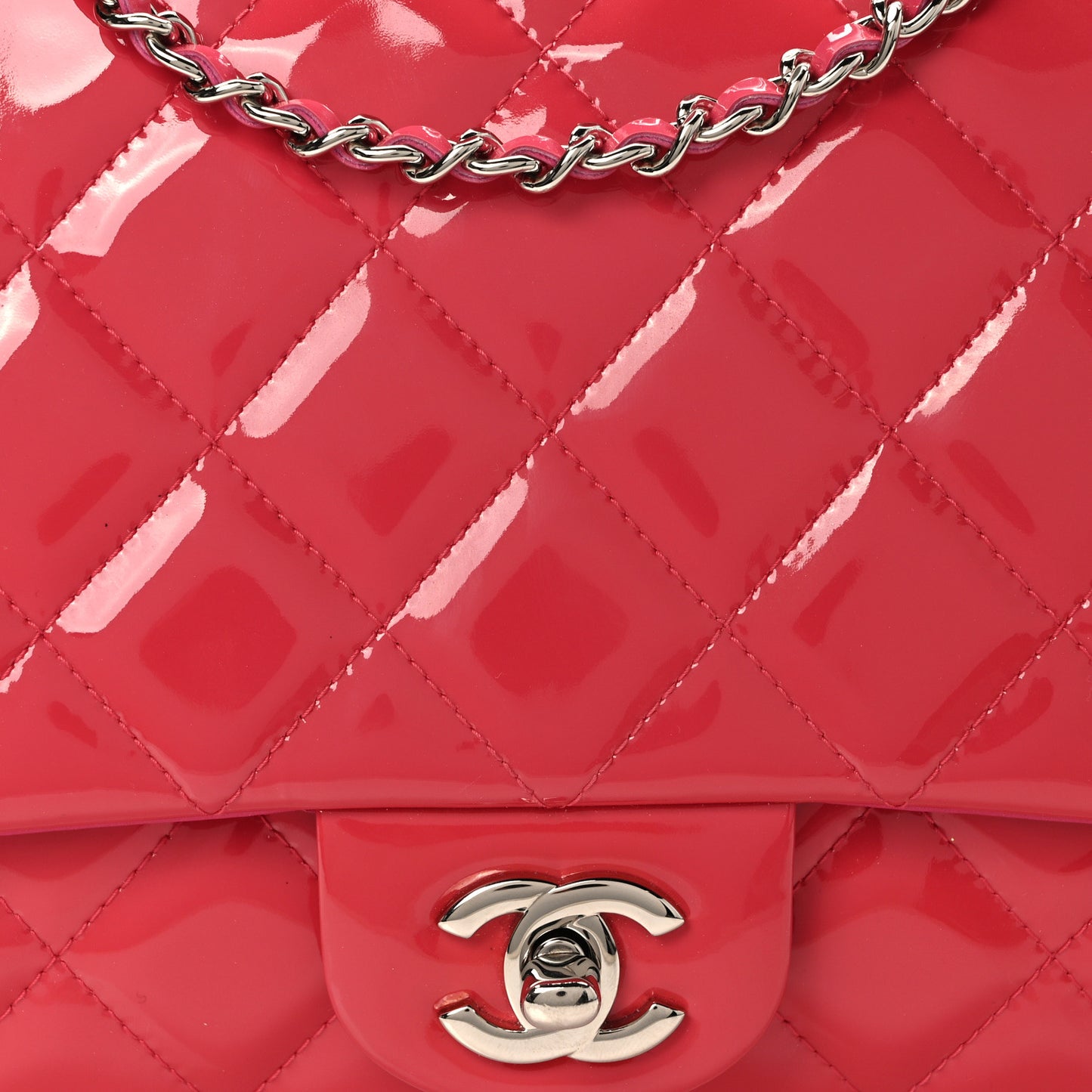 Patent Quilted Clutch with Chain Flap Fuchsia