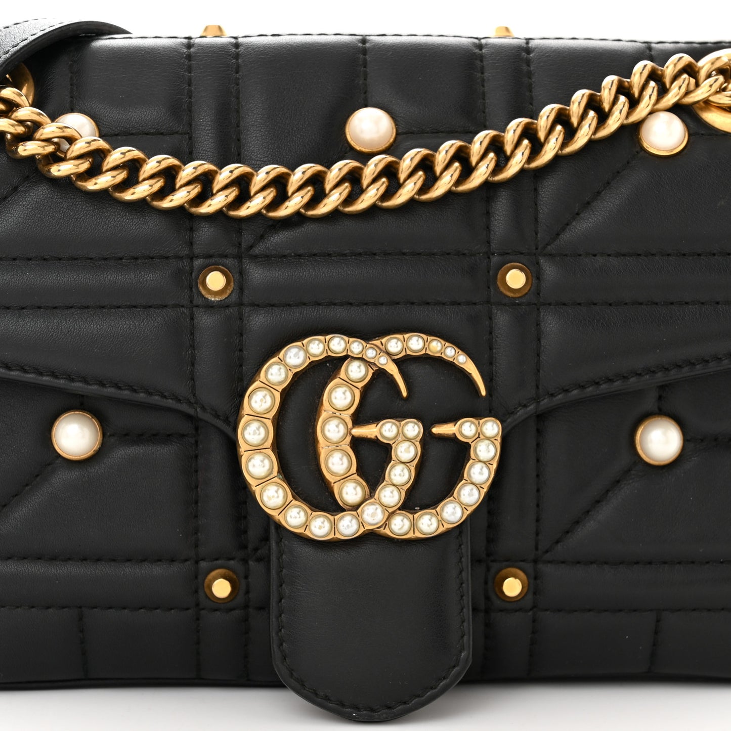 Calfskin Matelasse Studded Small Pearly GG Marmont Shoulder Bag Black