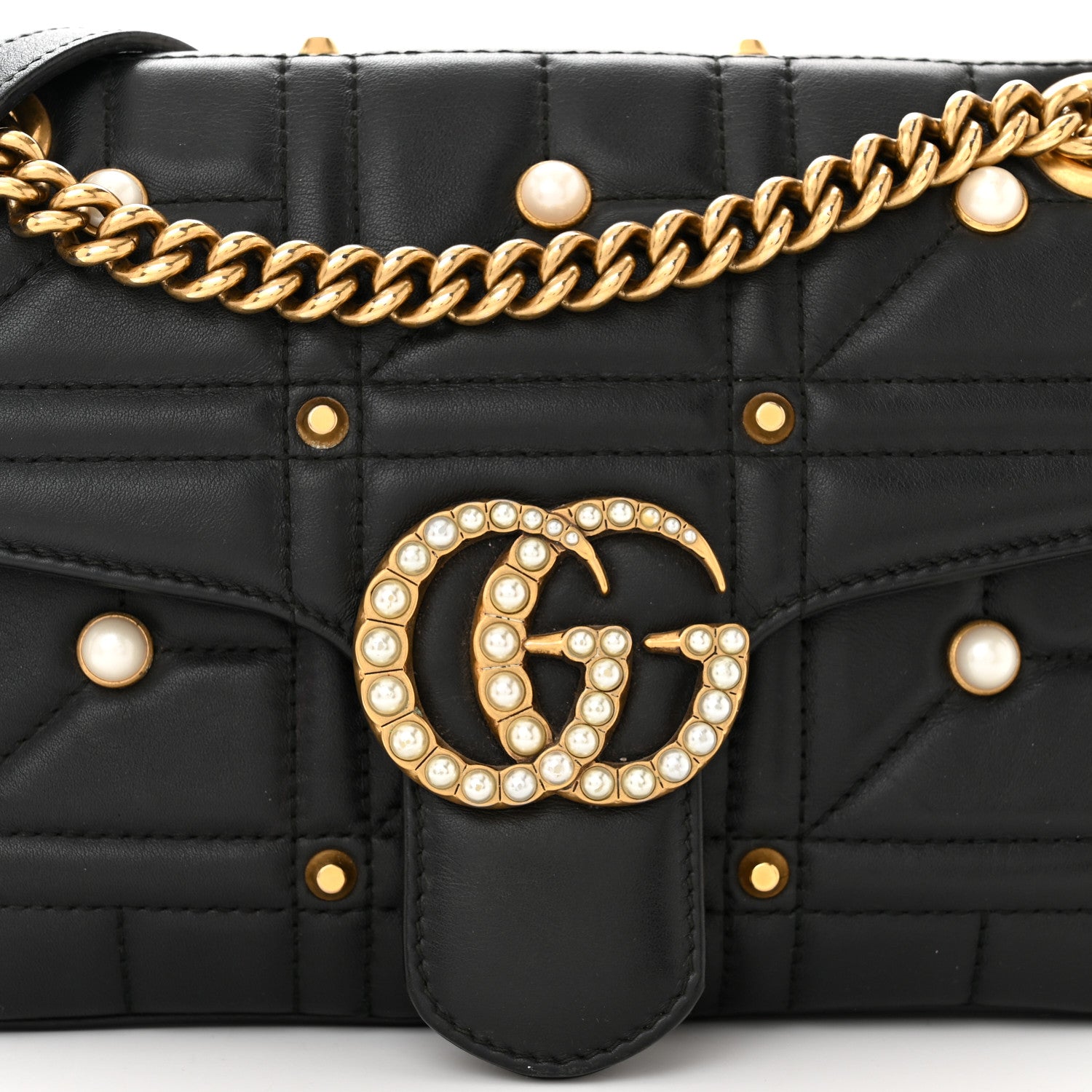 Gucci Calfskin Matelasse Studded Small Pearly GG Marmont Shoulder Bag Black 8 of 13