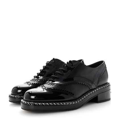 Chanel Lambskin Patent Calfskin CC Brogue Lace Up Oxfords 38 Black 4 of 11